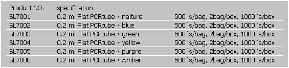 文字方塊: Product NO.
specification
 
BL7001
0.2 ml Flat PCRtube，nalture
500`s/bag, 2bag/box, 1000`s/box
BL7002
0.2 ml Flat PCRtube，blue
500`s/bag, 2bag/box, 1000`s/box
BL7003
0.2 ml Flat PCRtube，green
500`s/bag, 2bag/box, 1000`s/box
BL7004
0.2 ml Flat PCRtube，yellow
500`s/bag, 2bag/box, 1000`s/box
BL7005
0.2 ml Flat PCRtube，purpre
500`s/bag, 2bag/box, 1000`s/box
BL7008
0.2 ml Flat PCRtube，Amber
500`s/bag, 2bag/box, 1000`s/box
 
