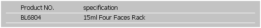文字方塊: Product NO.
specification
 
BL6804
15ml Four Faces Rack 
 
 
 
 
 
 
 
 
 
 
 
