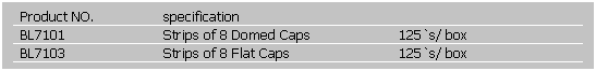 文字方塊: Product NO.
specification
BL7101
Strips of 8 Domed Caps
125`s/ box
BL7103
Strips of 8 Flat Caps
125`s/ box
