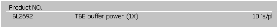 文字方塊: Product NO.
specification
 
BL2692
TBE buffer power (1X) 
10`s/pkg
TAE buffer power (1X) 
10`s/pkg
 
 
 
 
 
 
 
 
 
 
