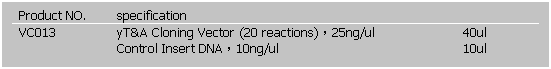 文字方塊: Product NO.
specification
 
VC013
yT&A Cloning Vector (20 reactions)，25ng/ul
40ul
 
Control Insert DNA，10ng/ul
10ul
 
 
 
 
 
 
 
